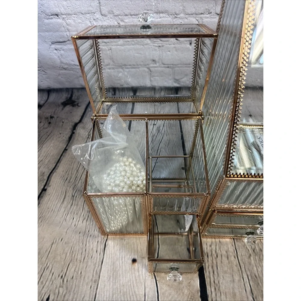 Elegant Glass Cosmetic Organizer with Laced Edge 3 Piece Set, Antique-Gold